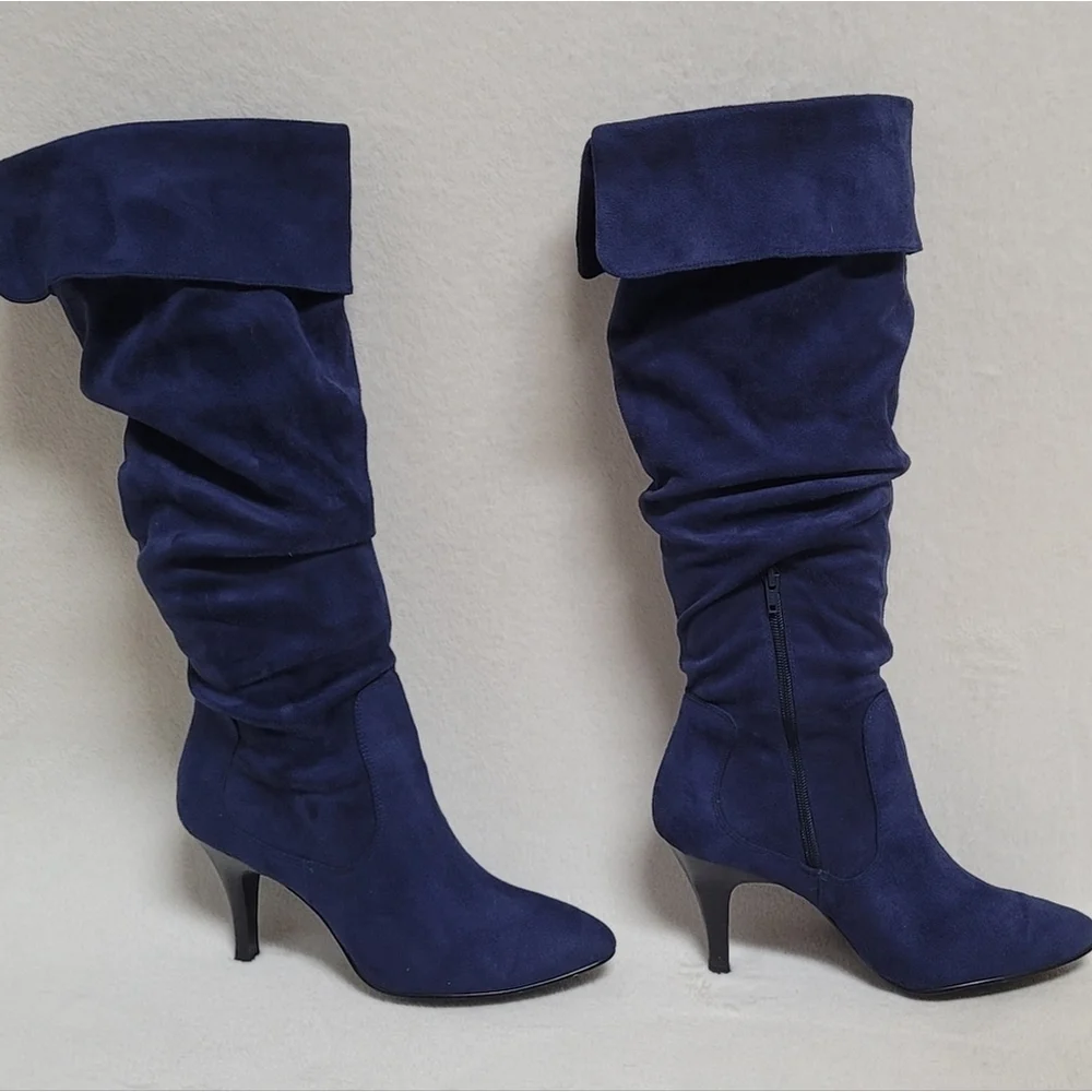 90s Vintage Skechers Blue Faux Suede Cuffed Tapered Heel Knee High Slouch Boots